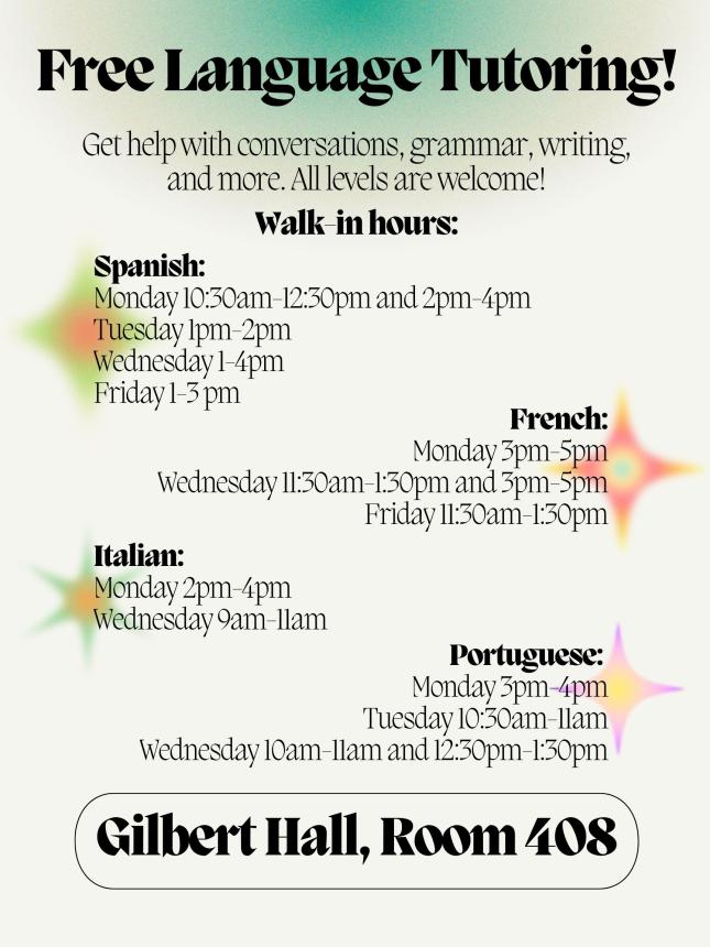 Informational flyer showing drop-in hours for language tutoring