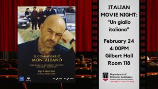 Event flyer with Il Commissario Montalbano poster. Theater seating and red curtain as background.