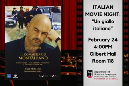 Event flyer with Il Commissario Montalbano poster. Theater seating and red curtain as background.