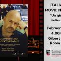 Event flyer with Il Commissario Montalbano poster. Theater seating and red curtain as background.